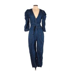 ZARA Solid Blue Voluminous Denim Jumpsuit - M